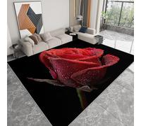Alfombra Moderna 60 x 90 cm Lavable, Alfombra de Pelo Corto Antideslizante Plantas Flores Rosas Rojas Gotas de Rocío - Moqueta Resistente Estilo Fotográfico para Salón Dormitorio Comedor Oficina