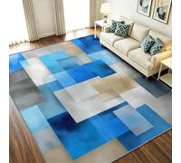 Alfombra moderna abstracta para salón, 80 x 150 cm, lavable, antideslizante, diseño geométrico de retales, bloques de colores - lana sintética de pelo corto para dormitorio, comedor, oficina, azul