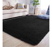 Alfombra moderna de pelo largo de 140 x 160 cm, suave, para dormitorio, sala de estar, cocina, elegante, lavable, color negro