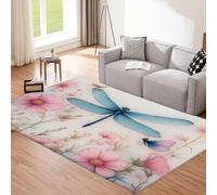 Alfombra Moderna para Salón Rosa, 120×180cm Diseño Flores Rosas Alfombra Salón, Libélula Comedor, Dormitorio, Alfombra Suave Pelo Corto, Alfombra Grande