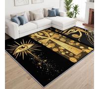 Alfombra negra y dorada para sala de estar, 160 x 230 cm, misteriosa alfombra étnica lavable a máquina, antideslizante, pelo corto, alfombra de lana sintética duradera para dormitorio, comedor