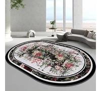 Alfombra ovalada floral con borde negro, blanco y rosa, decoración moderna para sala de estar y dormitorio, 140 x 200 cm, elegante acento para el hogar para un ambiente acogedor
