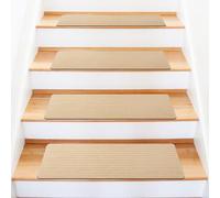 Alfombra para escalones, 15 unidades, autoadhesiva, para interior, lavable a máquina, antideslizante, recortable, reutilizable para proteger mascotas, personas mayores y niños (beige)