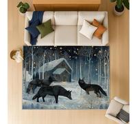 Alfombra para Sala Azul Marino Antideslizante Lavables en Lavadora Alfombras Habitacion Dormitorio Comedor Cocina Cuento de hadas Ilustración Lobo negro Nieve Grande Pelo Corto Tapete 140 x 200 cm