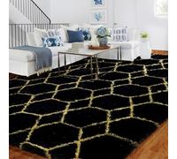 Alfombra para salón, 120 x 180 cm, alfombra para dormitorio, lavable en lavadora, color negro y dorado, mullida de pelo corto, no pierde pelo, alfombra antideslizante, geométrica, moderna, gótica