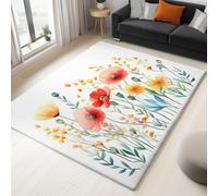 Alfombra para salón, lavable de pelo corto, mullida y antideslizante para dormitorio, comedor, habitación juvenil, baño, muy suave y duradera, flores de acuarela, flor silvestre amapola, color blanco