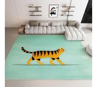 Alfombra para salón lavable de pelo corto, mullida y antideslizante para dormitorio comedor, pasillo, alfombra suave y duradera, pintura al óleo vintage, gato atigrado, verde claro, 140 x 200 cm