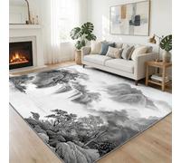 Alfombra para Salon Pelo Corto 80 x 150 cm, Blanco y Negro Alfombra Antideslizante con Patrón Impreso Tradicional Ink Wash Rural Cascada Lavable a Máquina - Ideal para Pasillo y Dormitorio