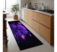 Alfombra Pasillo Lavable 60 x 150 cm, Alfombra de Cocina Dibujos Animados Flores Animales Mariposas Suave de Pelo Corto para Baño, Alfombras Larga de Interior para Salon Dormitorio, Negro-Morado