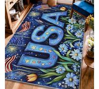 Alfombra patriótica con estrellas y tulipanes para el Día de la Independencia, azul, antideslizante, suave, rectangular, resistente a las manchas, para sala de estar, dormitorio, debajo de la mesa