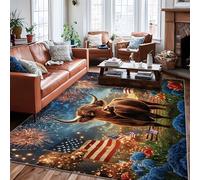 Alfombra patriótica rústica de fuegos artificiales para el Día de la Independencia, color azul, de pelo bajo, alfombras con patrón de vaca, alfombras que no se desprenden para sala de estar