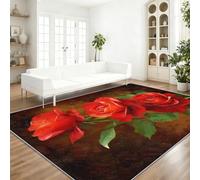 Alfombra Pelo Bajo Marrón Oscuro - Antideslizantes Alfombras con Estilo De Pintura Al Óleo Flores Rosa Roja Estampado, Moderno Franela Alfombra para Sala de Estar Salón Cocina Pasillo 120 x 180 cm
