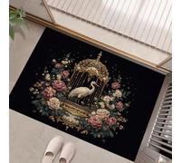 Alfombra Pequeña Entrada Casa, 60x120cm Felpudo Grúa Elegante Antideslizante Lavables en Lavadora Tapetes Pelo Corto Jaula De Pájaros Con Flores Perfil Bajo para Entrada, Cocina, Habitacion, Negro
