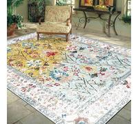 Alfombra pequeña para sala de estar, dormitorio, 80 x 120 cm, suave, antideslizante, pelo corto, comedor, loft, camino de noche, entrada, retro, floral, crema, amarillo,