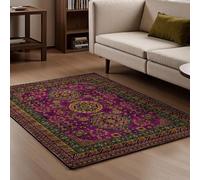 Alfombra pequeña para sala de estar o dormitorio, 80 x 120 cm, suave, antideslizante, pelo corto, comedor, loft, camino de noche, entrada, retro, étnico, floral, magenta, marrón,