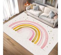 Alfombra Pink Rainbow de 150x180cm para dormitorio de niñas, linda alfombra infantil de dibujos animados, alfombra lavable antideslizante con estampado de acuarela para habitación infantil, fina