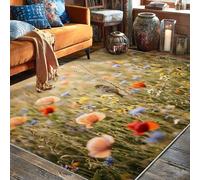 Alfombra rectangular con diseño de pájaros de primavera natural con crisantemo de amapola verde primavera, borde de pelo bajo, para sala de estar, dormitorio, comedor, escritorio, oficina, decoración