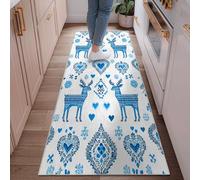 Alfombra rectangular con diseño de renos, corazones tradicionales de invierno, copos de nieve, color azul, borde de pelo bajo, para cocina, baño, entrada, mesita de noche, 2 x 6 pies