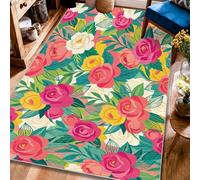 Alfombra rectangular con diseño de rosas y flores de primavera y flores de color melocotón, pelo bajo, para sala de estar, dormitorio, pasillo, escritorio, oficina, 4 x 6 pies