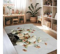 Alfombra rectangular con diseño de rosas y margaritas elegantes con ramas primaverales, color blanco, de pelo bajo, borde de esponja, para sala de estar, dormitorio, comedor, escritorio, oficina