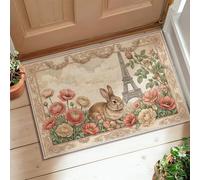 Alfombra rectangular de pelo bajo con diseño de conejo, diseño romántico de Torre de París, primavera, pastel, no se desprende, para cocina, entrada, lavandería, mesita de noche, 2 x 3 pies