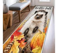 Alfombra rectangular de pelo bajo con diseño de erizo, hojas rústicas de calabaza, otoño, naranja, no se desprende, para cocina, lavandería, puerta, entrada, decoración de 2 x 8 pies