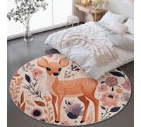 Alfombra Redonda 100 cm Dibujos Animados Campo Ciervos Flores Antideslizante Alfombras Redondas, Lavables en Lavadora Habitacion Dormitorio Comedor Alfombras Pelo Corto, Marrón