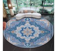Alfombra Redonda 100 cm Estilo Marroquí Geométrico Floral Antideslizante Alfombras Redondas, Lavables en Lavadora Habitacion Dormitorio Comedor Alfombras Pelo Corto, Azul