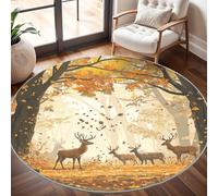 Alfombra Redonda 100 cm Manada de Ciervos Entre Hojas de OtoñO Salon Antideslizante Lavables en Lavadora MarróN Claro Suave Alfombra Redonda Pelo Corto para Dormitorio Infantil e Decoración Hogar