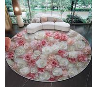 Alfombra Redonda 100 cm - Plantas Muro De Rosas Estampado Suave Lavable Alfombras con Base Antideslizante, Blanco Rosa Circular Alfombra para Dormitorio Sala de Estar sofá Mesa de Centro