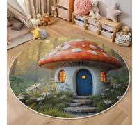 Alfombra Redonda 100cm, Alfombra Ilustraciones De Cuentos De Hadas De Ensueño Antideslizante de Pelo Corto Lavable, Alfombras Rojo Decorativo Estampada Casa De Hongos Flores, para Salón Sofá Estudio