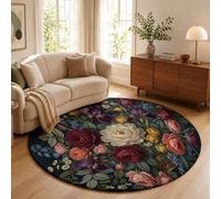 Alfombra Redonda 100cm, Rosa, Iris, Peonía Alfombra de Salón de Pelo Corto Ramo De Pinturas Al Óleo Clásicas, Super Suave Antideslizantes y Lavables para Sala, Dormitorio, Comedor, Verde Oscuro