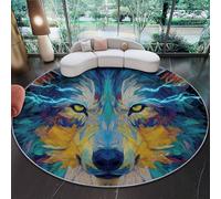Alfombra Redonda 120 cm - Dibujos Animados Rayo Lobo Retrato Estampado Suave Lavable Alfombras con Base Antideslizante, Azul Circular Alfombra para Dormitorio Sala de Estar sofá Mesa de Centro