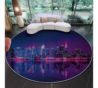 Alfombra Redonda 120 cm - Estilo Moderno Ciudad Vista Nocturna Estampado Suave Lavable Alfombras con Base Antideslizante, Morado Oscuro Circular Alfombra para Dormitorio Sala de Estar sofá Mesa