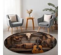 Alfombra Redonda 120 cm Habitacion Dormitorio Comedor Tapete Quarto Pelo Corto, Retro Guitarra Temática del Oeste Juego Mats Pad para Habitación Decorativo, Marrón Franela Alfombra Redonda