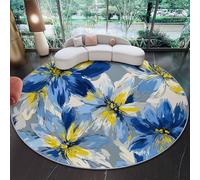 Alfombra Redonda 140 cm - Gris Azulado Amarillo Antideslizante Plegable Pelo Corto Arte Estilo Pintura óleo impresionista Floral Textura Patrón Alfombra para Cocina Dormitorio o Terraza Decorativo