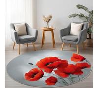 Alfombra Redonda 150 cm Habitacion Dormitorio Comedor Tapete Quarto Pelo Corto, Flores Pintura Al Óleo Amapolas Juego Mats Pad para Habitación Decorativo, Gris Rojo Franela Alfombra Redonda