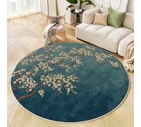 Alfombra Redonda 150cm, Alfombra Estilo Japonés Pintura Pelo Corto Suave, Alfombras Azul Estampada Flores De Cerezo Textura Lavable Fácil Cuidado, para Salón Sofá Dormitorio Comedor Estudio