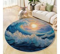 Alfombra Redonda 150cm, Alfombra Olas Puesta De Sol Antideslizante, Océano Pintura Al Óleo Lavable A Máquina Fácil de Limpiar Azul Alfombras para Salón Sofá Mesa de Café Estudio Dormitorio