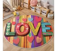 Alfombra Redonda 150cm, Alfombra Tabla De Madera Amor Antideslizante, Grafiti Romántico Lúdico Lavable A Máquina Fácil de Limpiar Vistoso Alfombras para Salón Sofá Mesa de Café Estudio Dormitorio