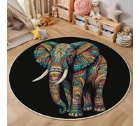 Alfombra Redonda 160 Cm, Elefante Estampado Antideslizante De Felpa Esponjosa, Lavable Suave Cómodo para Sala De Estar, Dormitorio, Pasillo, Cocina, Negro Estilo Étnico Tailandés