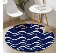 Alfombra Redonda 160 cm Habitacion Dormitorio Comedor Tapete Quarto Pelo Corto, Simple Líneas Ondas Juego Mats Pad para Habitación Decorativo, Marina De Guerra Franela Alfombra Redonda