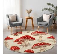 Alfombra Redonda 160 cm Sofá Sala de Juegos del Hogar Decoración, Vintage Ilustración Hongos Línea Corta Alfombra Redonda Lavable y Antideslizante, Rojo Crema Regalo de Inauguración de la Casa