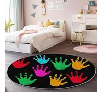 Alfombra Redonda 180 cm, Antideslizante Lavable Pelo Corto Decorativa Abstracto Dibujo Animado Huella De Mano Estampadas Franela Vistoso Alfombra Redonda - para salón Dormitorio Comedor