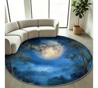Alfombra redonda 180 cm azul noche de luna bosque casa de troncos | Alfombra redonda lavable, antideslizante, para dormitorio y sala de estar, suave