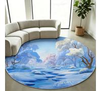 Alfombra redonda 180 cm, azul, paisaje nevado, bosque natural, suave | Alfombra redonda lavable para salón, antideslizante, diseño de círculos pintorescos para invierno para dormitorio y oficina
