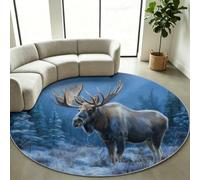 Alfombra redonda, 180 cm, color azul, alce nieve, bosque de pinos | Alfombra redonda lavable, antideslizante, diseño de animales, para salón, dormitorio y oficina, fácil de limpiar