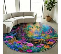 Alfombra redonda 180 cm, color verde, diseño de bosque de fantasía | Alfombra redonda lavable natural antideslizante, acogedora alfombra circular para dormitorio y pasillo, fácil de limpiar