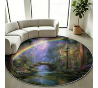Alfombra redonda 180 cm verde bosque arco iris bloque casa suroeste suave | Alfombra lavable para salón, antideslizante, colorida, redonda, para habitación infantil y pasillo, suave