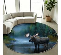 Alfombra redonda, 180 cm, verde, ciervo, animales del bosque, natural | Alfombra redonda lavable, antideslizante, diseño de círculos rurales, para dormitorio y pasillo, fácil de limpiar